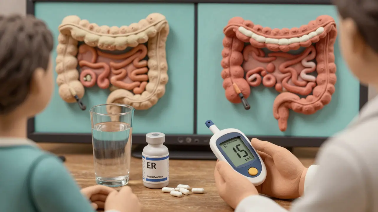 Pharmacist comparing extended-release and immediate-release pills with a patient and glucose monitor.