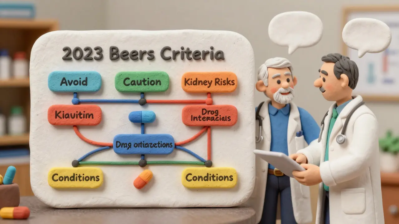 Pharmacist explaining Beers Criteria flowchart to an older adult and doctor.