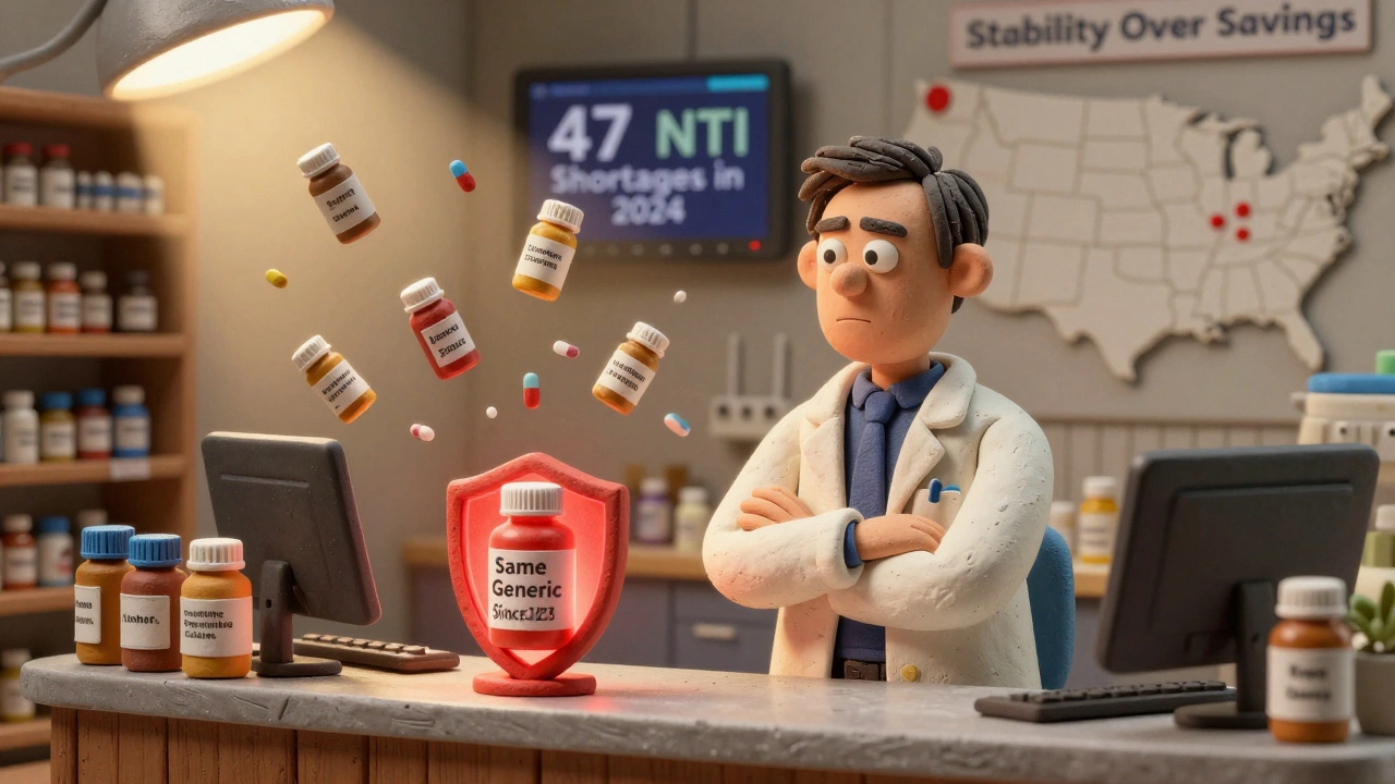 Pharmacist protected by a shield around one stable pill bottle, surrounded by swirling generic alternatives.