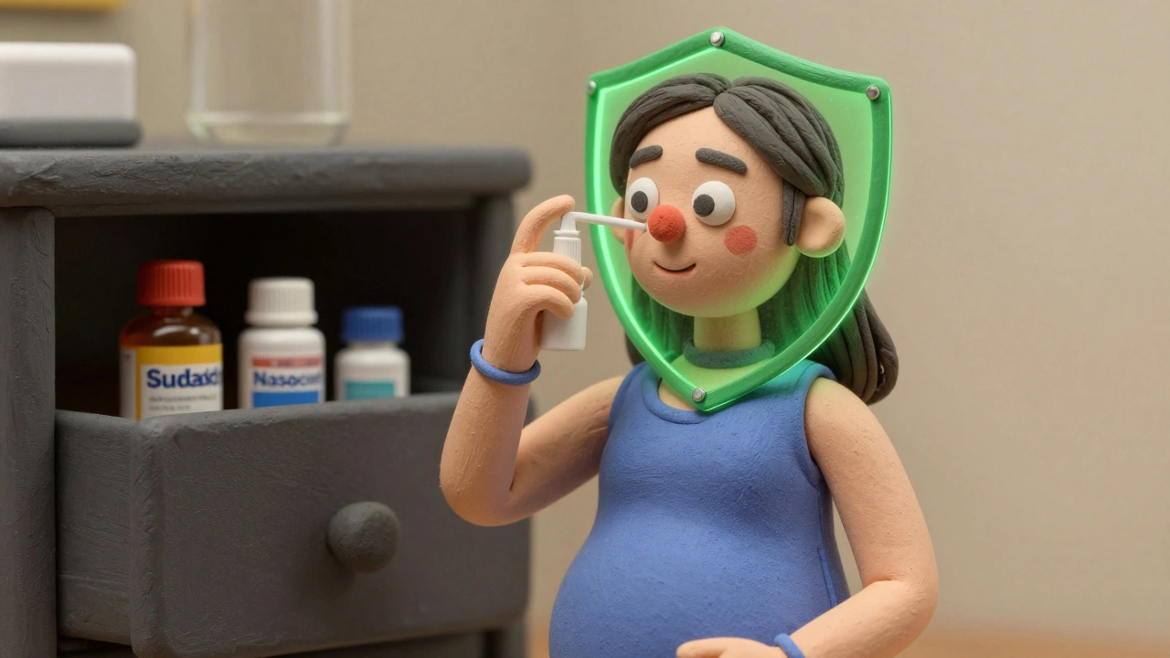 Pregnant woman safely using Rhinocort nasal spray with protective shield.