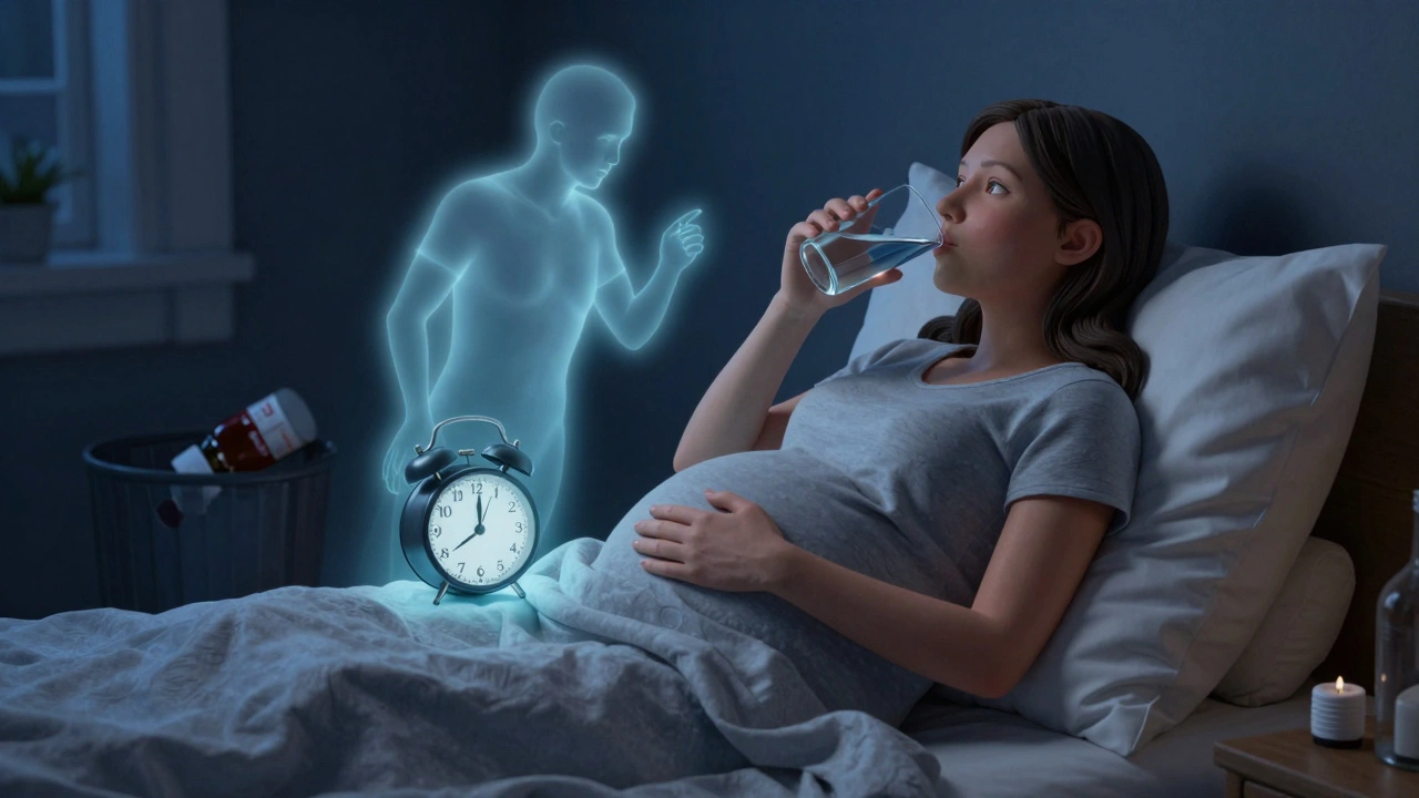 Pregnant woman sleeping with pillows, calm blue light from Pepcid beside her, Zantac bottle in trash.