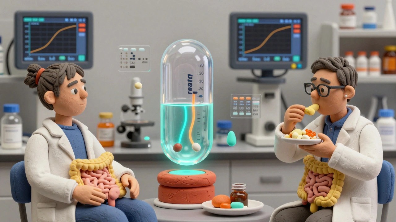 Scientists in a lab observing two patients—one fasting, one eating—while a SmartPill tracks digestive pressure changes during drug absorption.