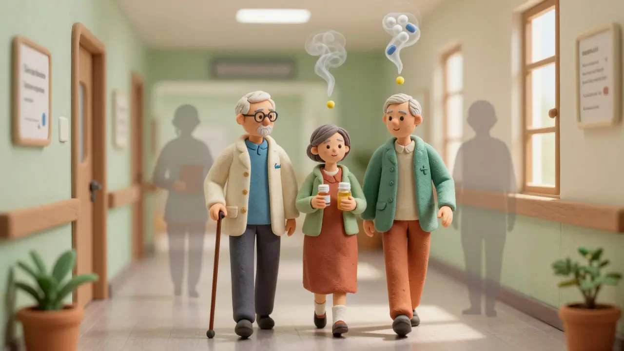 Seniors walking safely as risky medications dissolve into smoke in background.