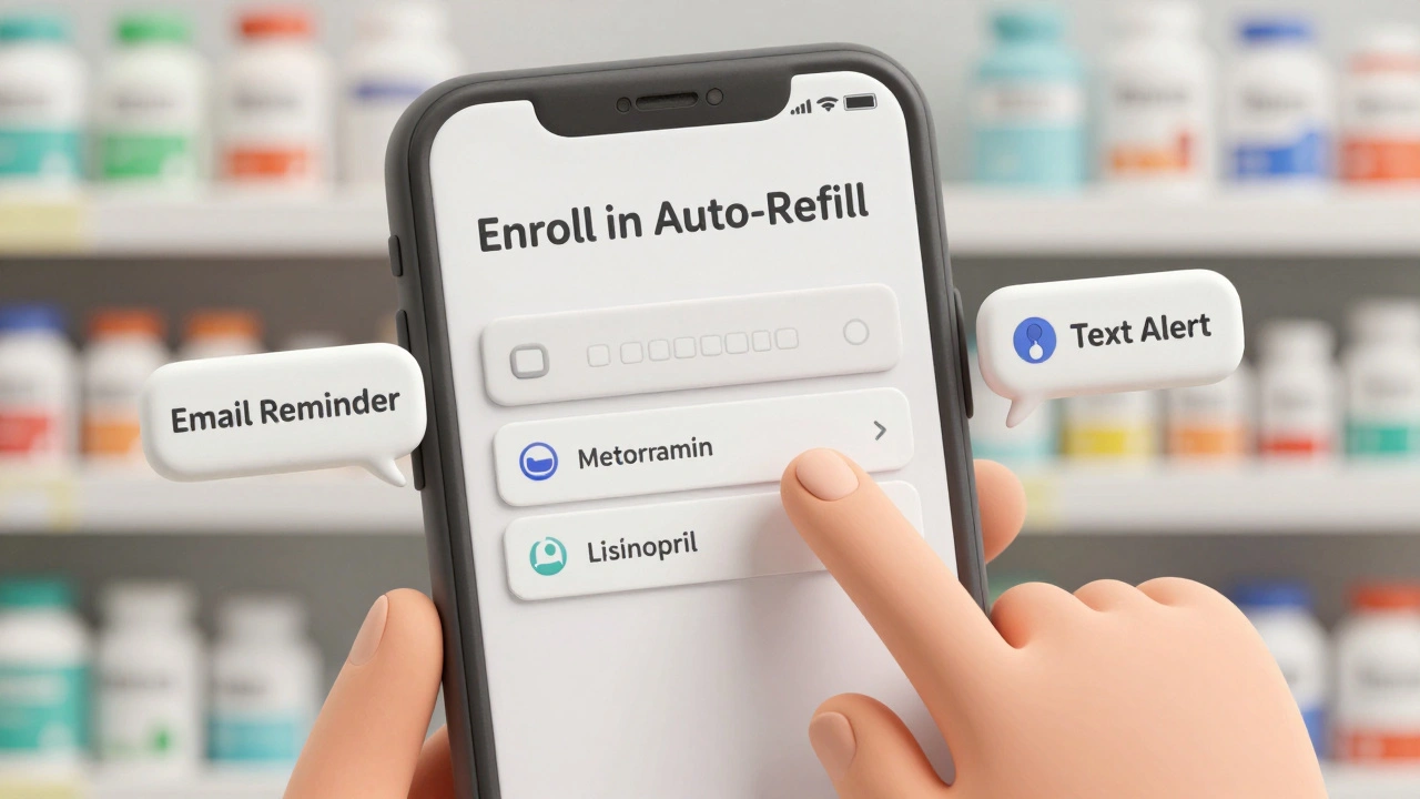 Smartphone screen showing pharmacy app with 'Enroll in Auto-Refill' selected for chronic meds.