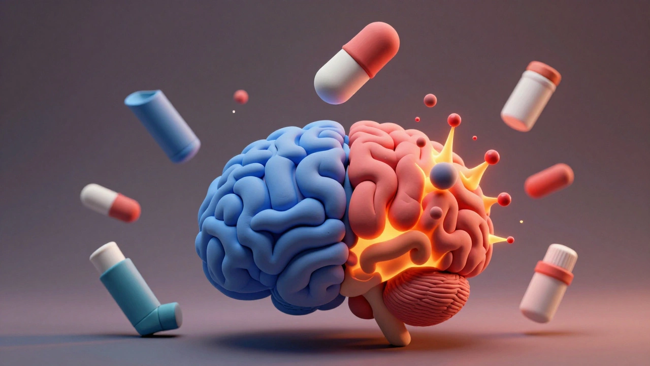 Split brain showing calm vs chaotic neurotransmitters, with floating medication icons above in clay texture.