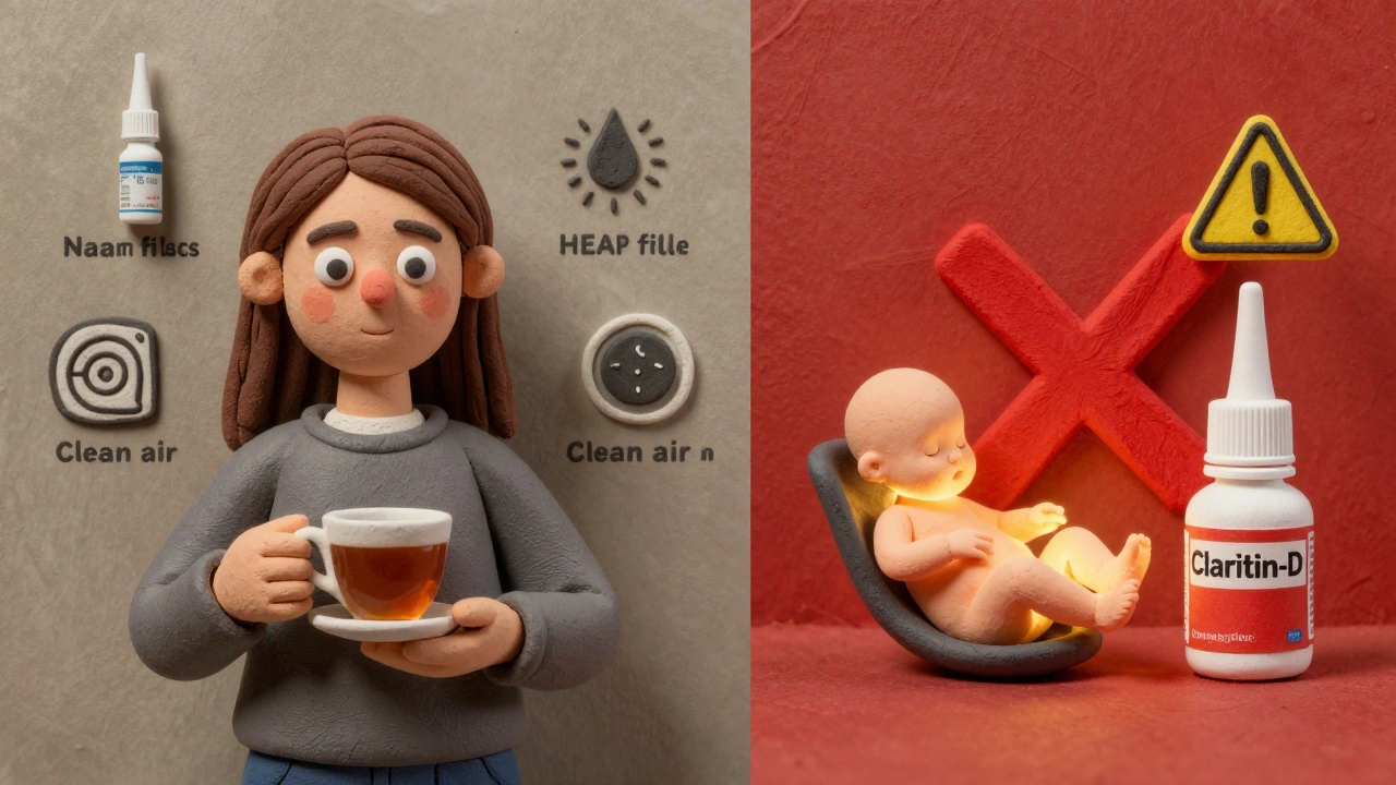 Split image: safe allergy meds on one side, dangerous ones with red X on the other.