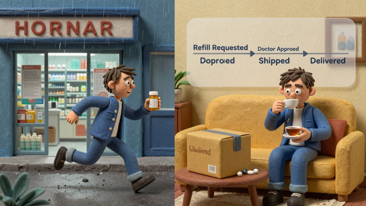 Split scene: frantic run to pharmacy vs. calm delivery of auto-refilled meds at home.