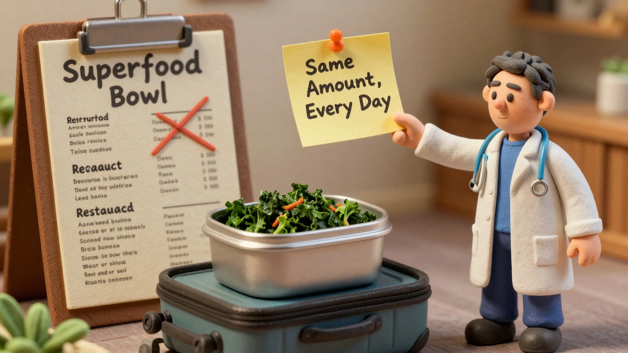 Traveler carrying measured kale to maintain consistent vitamin K intake.