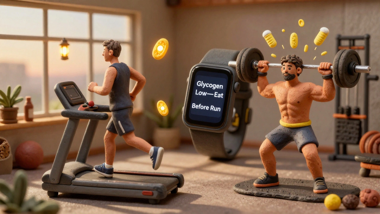 Two athletes training at dawn: one fasted with fat-burning visuals, one fed with energy flow, guided by a smartwatch alert.