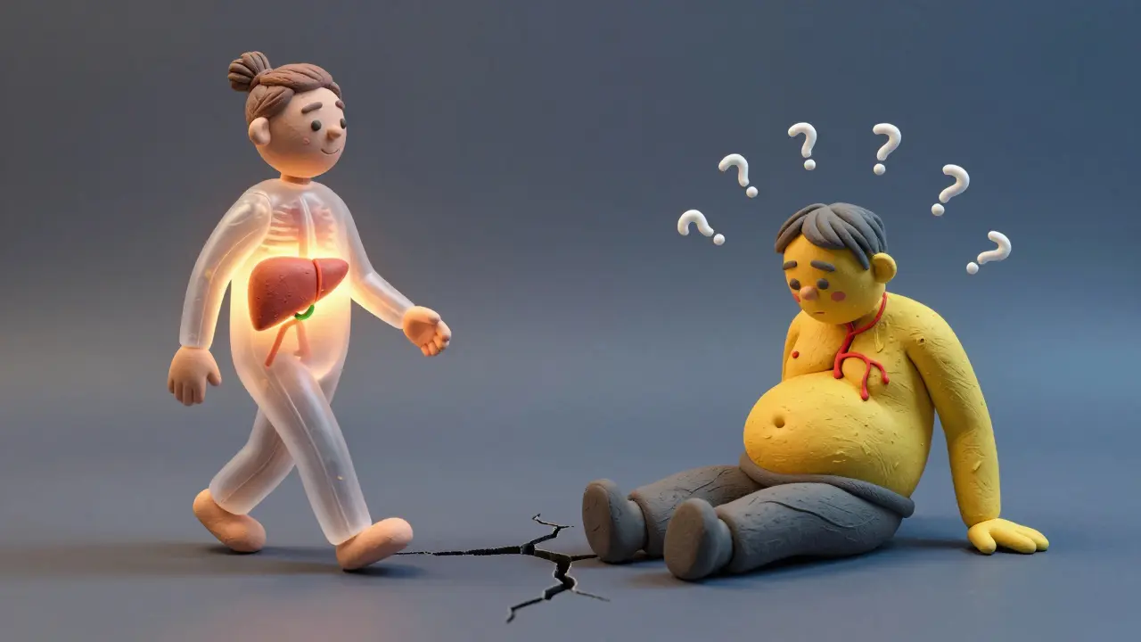 Two figures showing compensated vs. decompensated cirrhosis, one healthy, one ill, divided by a cracked line.