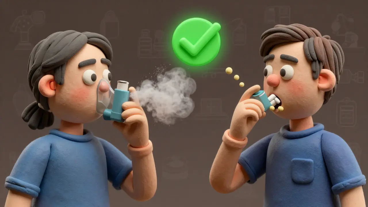 Two people making common inhaler mistakes with medicine stuck in mouth and throat.