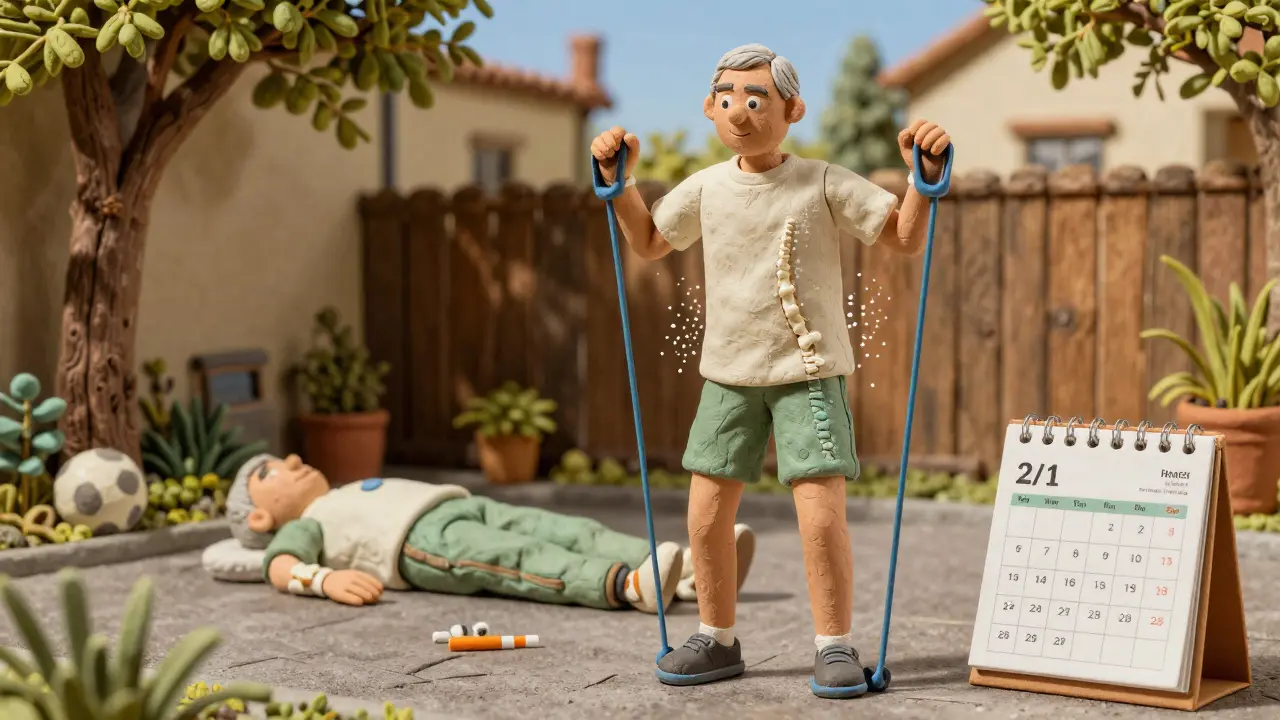 70-year-old man exercising with resistance bands as bone particles glow around him, symbolizing treatment success.