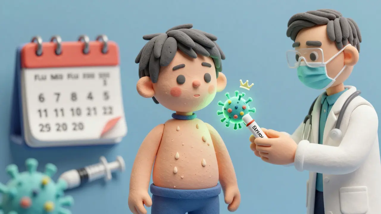 A child with guttate psoriasis near a strep test and vaccine, showing infection link.