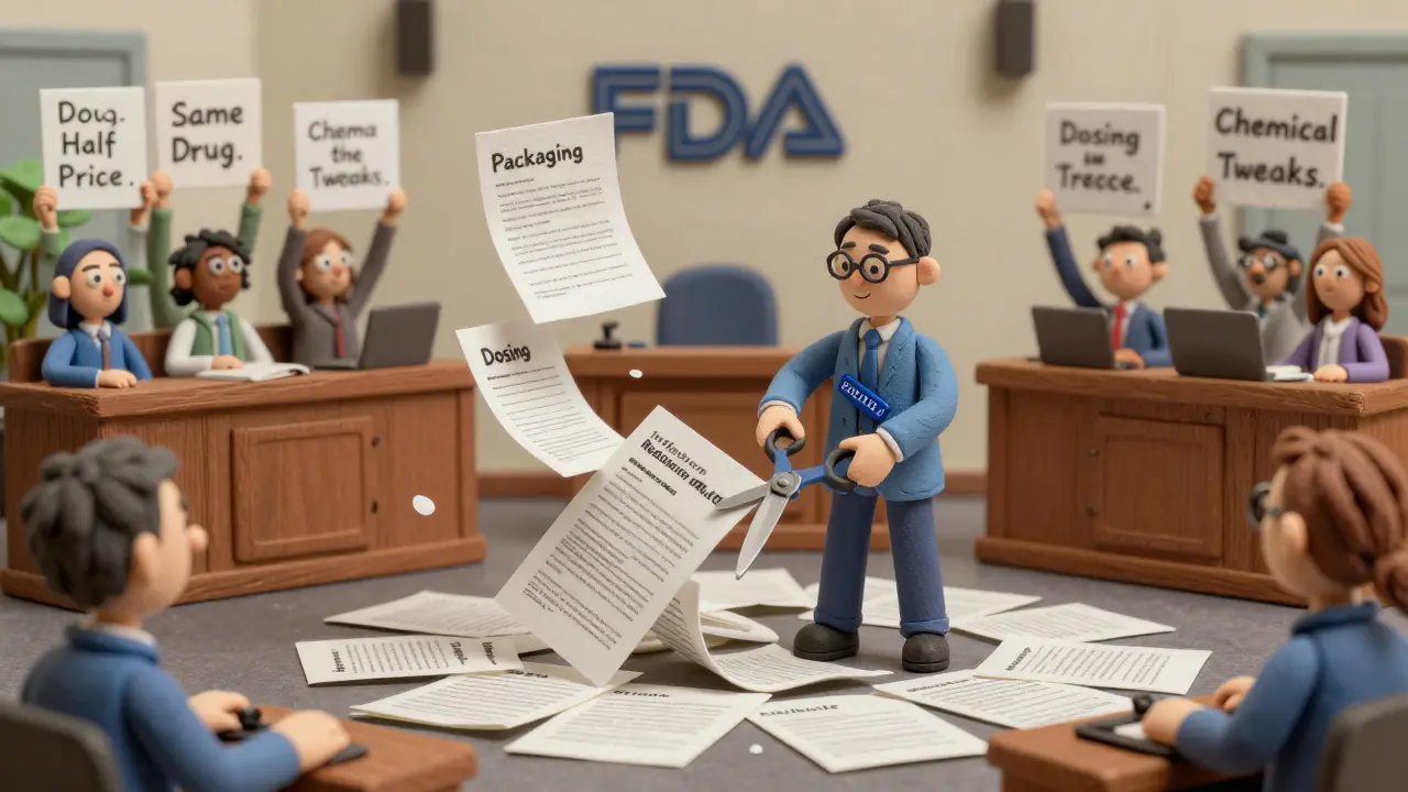 A clay FDA official cutting through a tangle of patents while patients cheer, symbolizing faster generic access.
