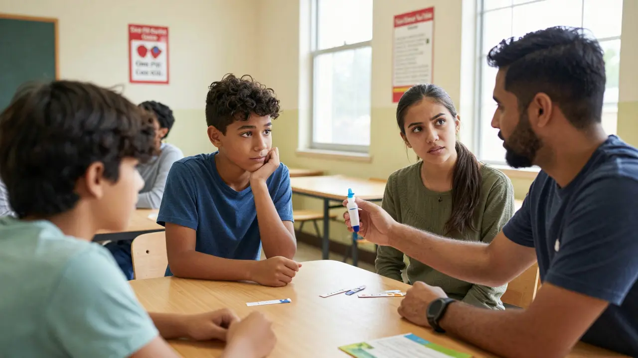 A coach giving Narcan to a teen at a community center, parent watching, educational posters on the wall.