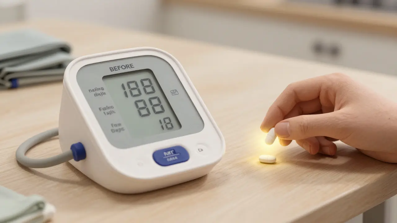A home blood pressure monitor showing readings over three days, with a safe antihistamine pill nearby emitting a calming glow in clay style.