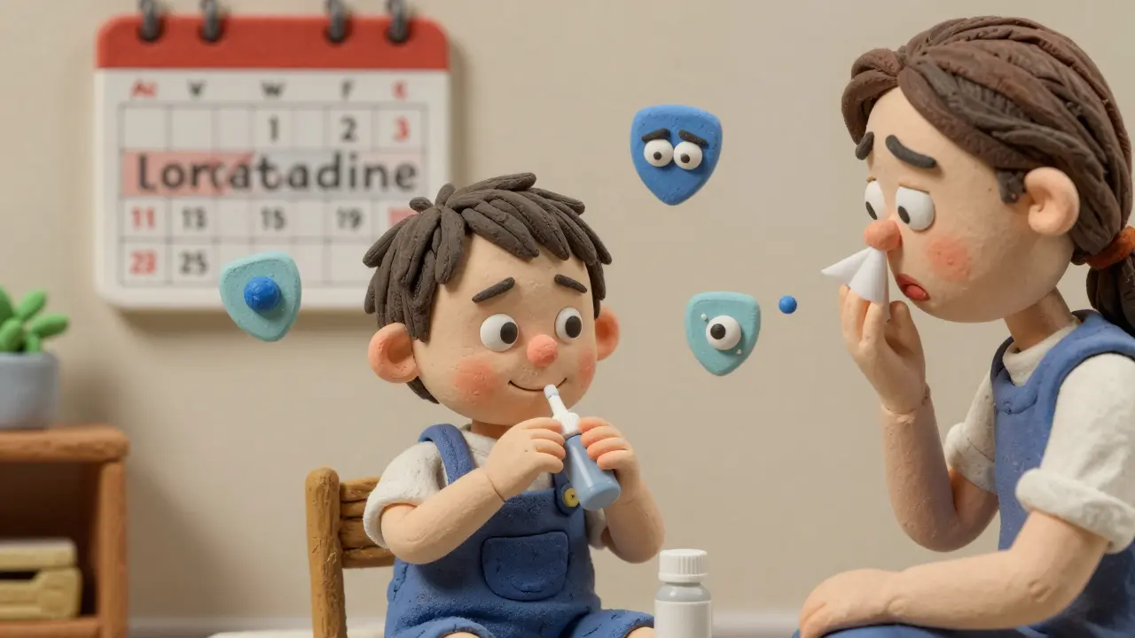 A one-year-old child taking desloratadine while allergy symptoms fade away, parent watching with relief.