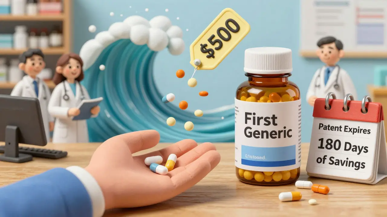 A patient holding a cheap generic pill bottle next to an expensive brand-name bottle, with prices dropping dramatically.
