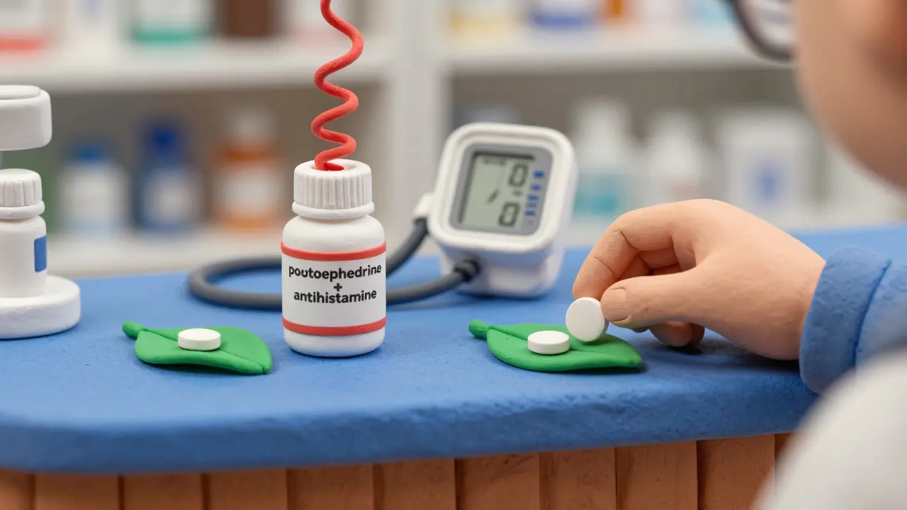 A pharmacy scene with a dangerous combo allergy pill causing a blood pressure spike, next to a safe single antihistamine pill on a leaf.