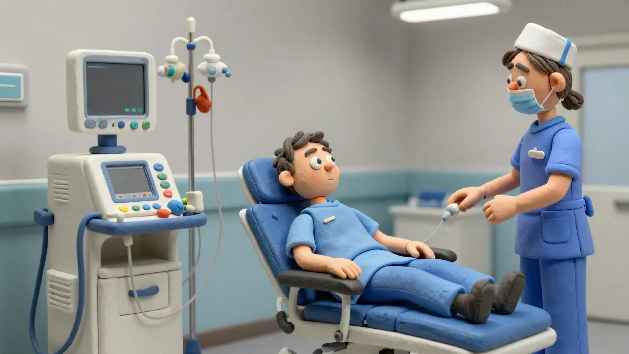 A tired patient on a hemodialysis machine in a clinic, nurse checking vitals nearby.