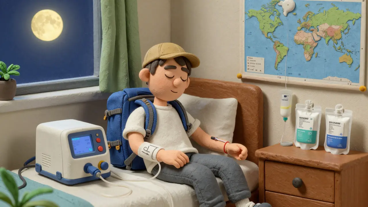 A traveler sleeping peacefully with a portable dialysis cycler running in a hotel room at night.