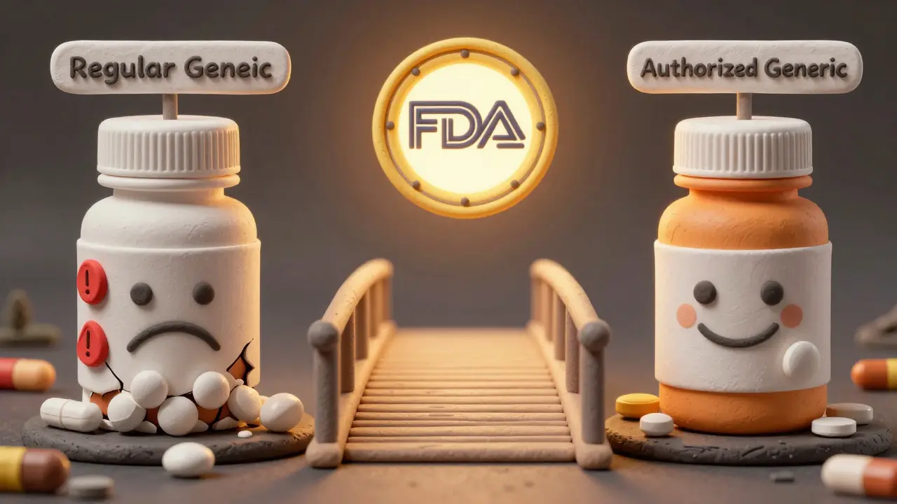 Bridge of pill bottles showing safe authorized generic path versus risky regular generics.