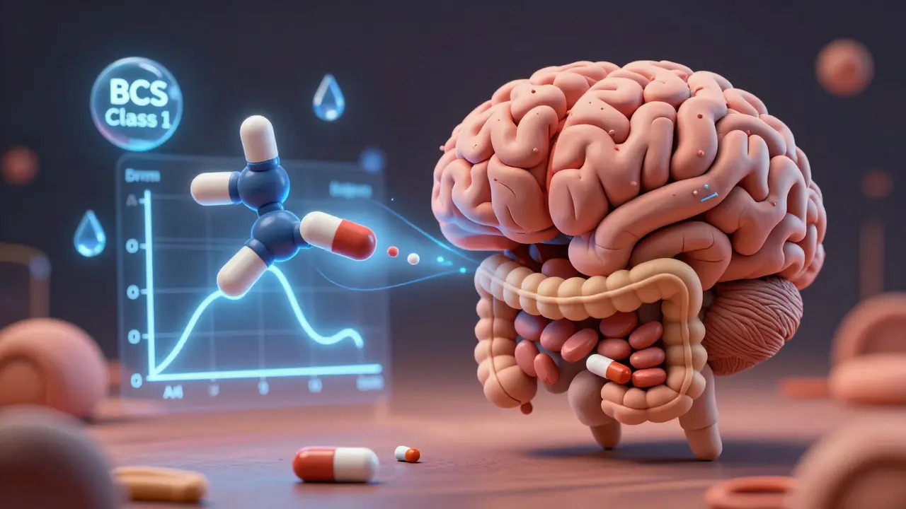 Clay AI brain analyzing drug dissolution with BCS symbols and predictive curves floating around.