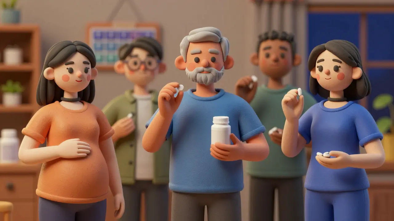 Diverse individuals taking thyroid meds and supplements at correct times of day.