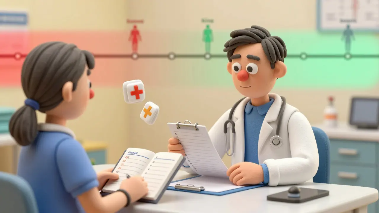 Doctor and patient reviewing tapering plan with symptom journal and alternative therapies in background.