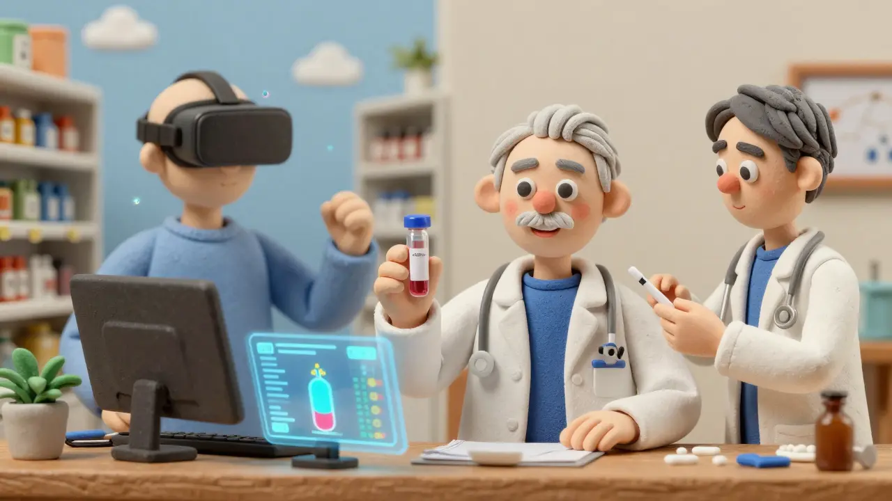 Doctor holding a blood vial beside a holographic brain health dashboard showing amyloid levels and VR test visuals.