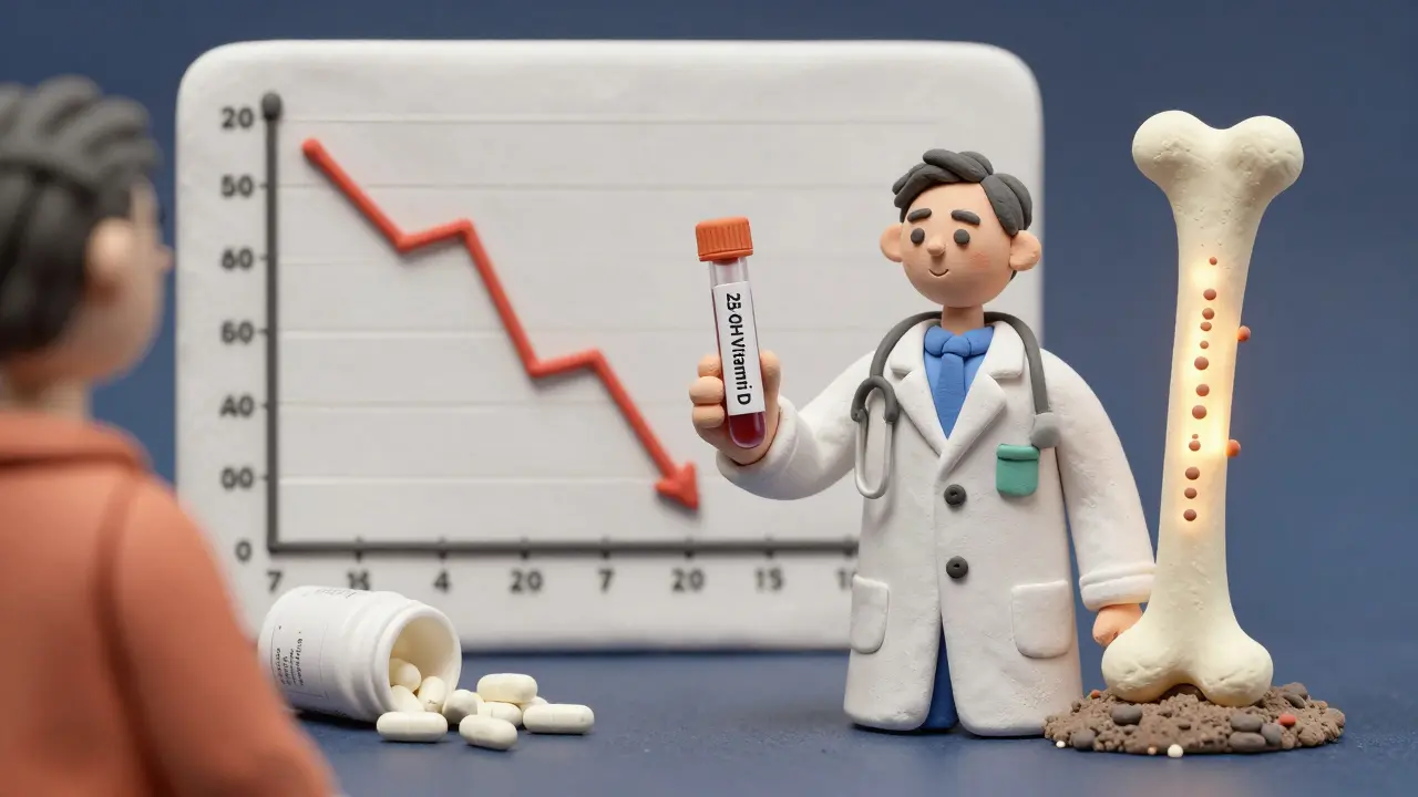 Doctor showing vitamin D blood test results while a bone rebuilds behind them, with unused supplements buried in dust.
