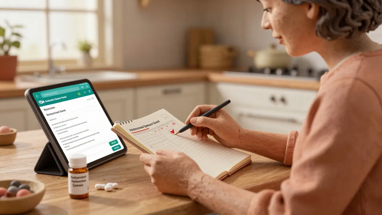 Elderly woman reviewing her medication log with FDA authorized generic tool on tablet.