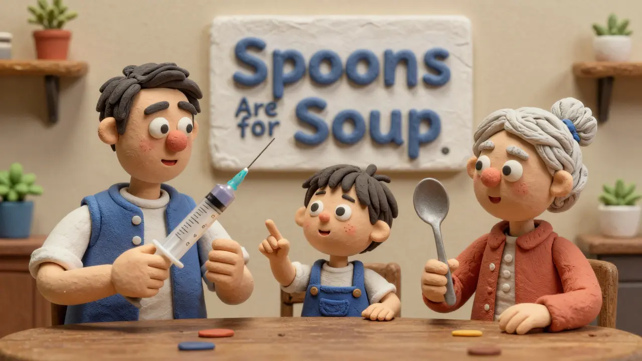 Family learning to use a syringe for medicine, with a 'Spoons Are for Soup' sign visible.