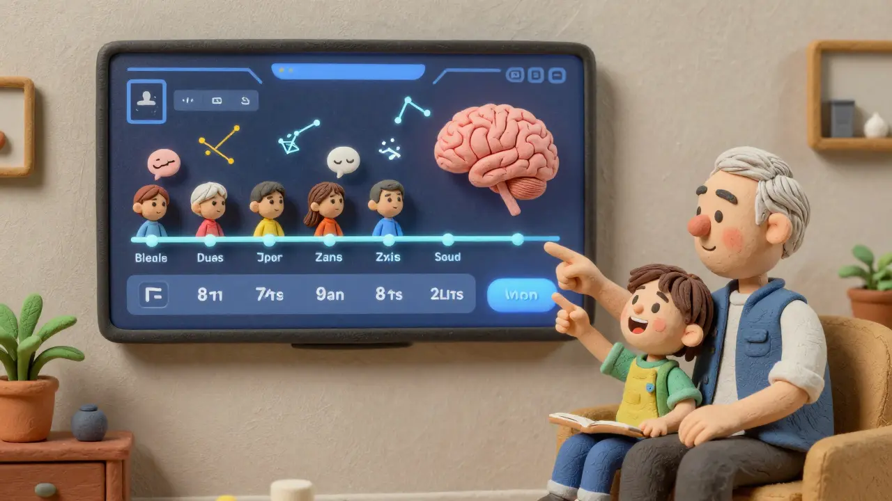 Family viewing a wall-mounted dashboard tracking cognitive health over time, with floating health icons and warm lighting.
