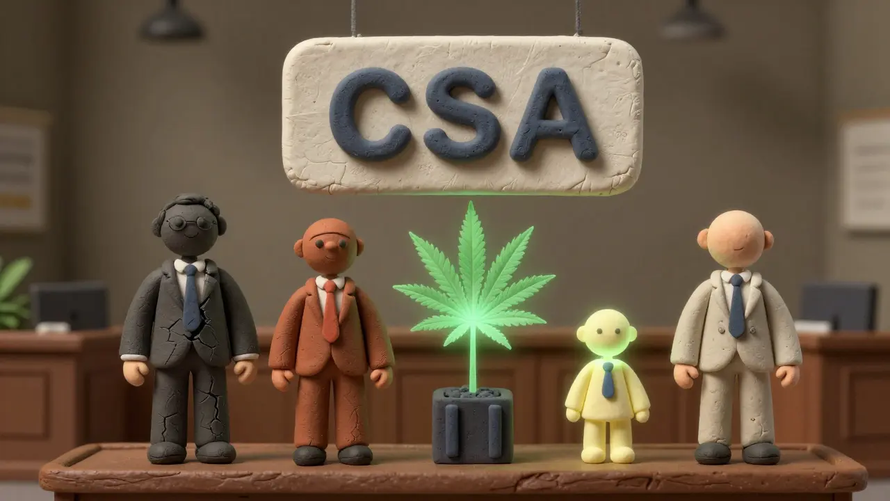 Five clay figures representing DEA Schedules, with cannabis plant between I and III.