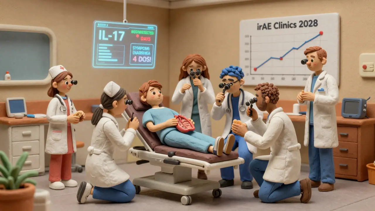 Future clinic with holograms and medical team monitoring irAE alerts using clay-rendered technology