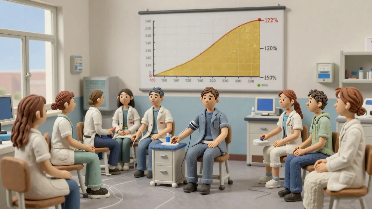 Healthy volunteers in a lab having blood drawn for bioequivalence testing with a graph showing acceptance range.