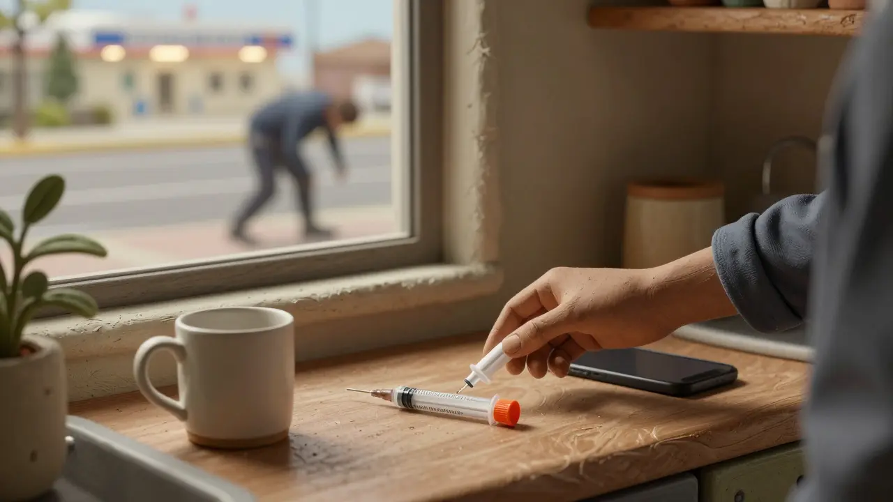 Naloxone kit on a kitchen counter with faint hospital glow visible through window.