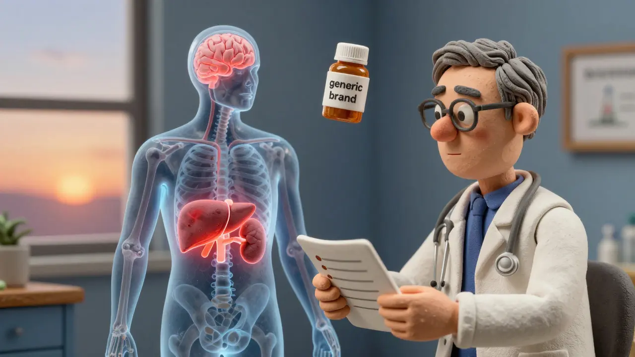 Older man and doctor examining a body X-ray showing drug interactions in vital organs.