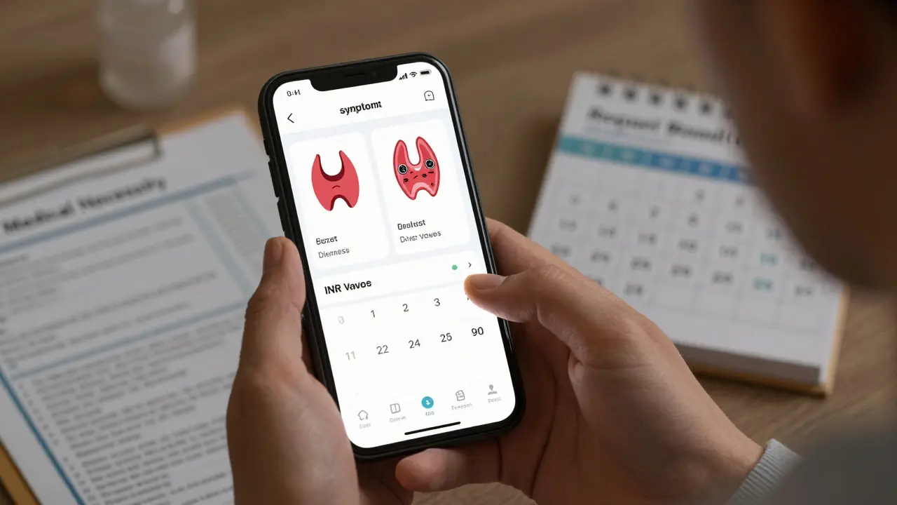 Person logging medication symptoms on a phone with a split-screen display of healthy vs stressed thyroid.