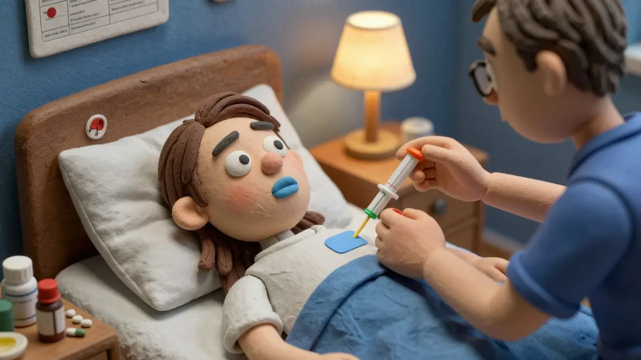 Person with blue lips and slow breathing as family member removes patch and uses naloxone injector.