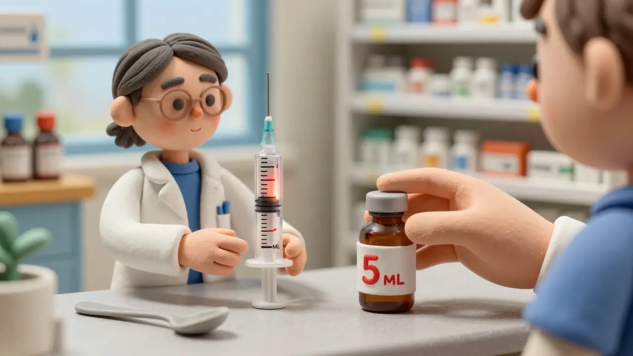 Pharmacist giving a parent a labeled oral syringe instead of a kitchen spoon.