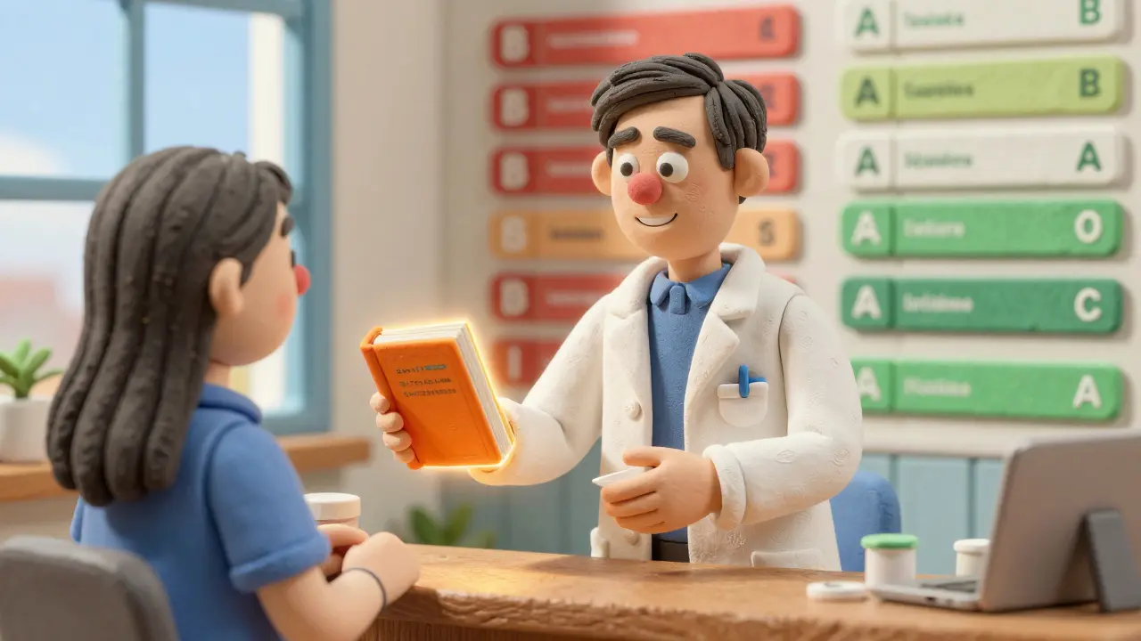 Pharmacist giving prescription to patient while Orange Book glows beside them.