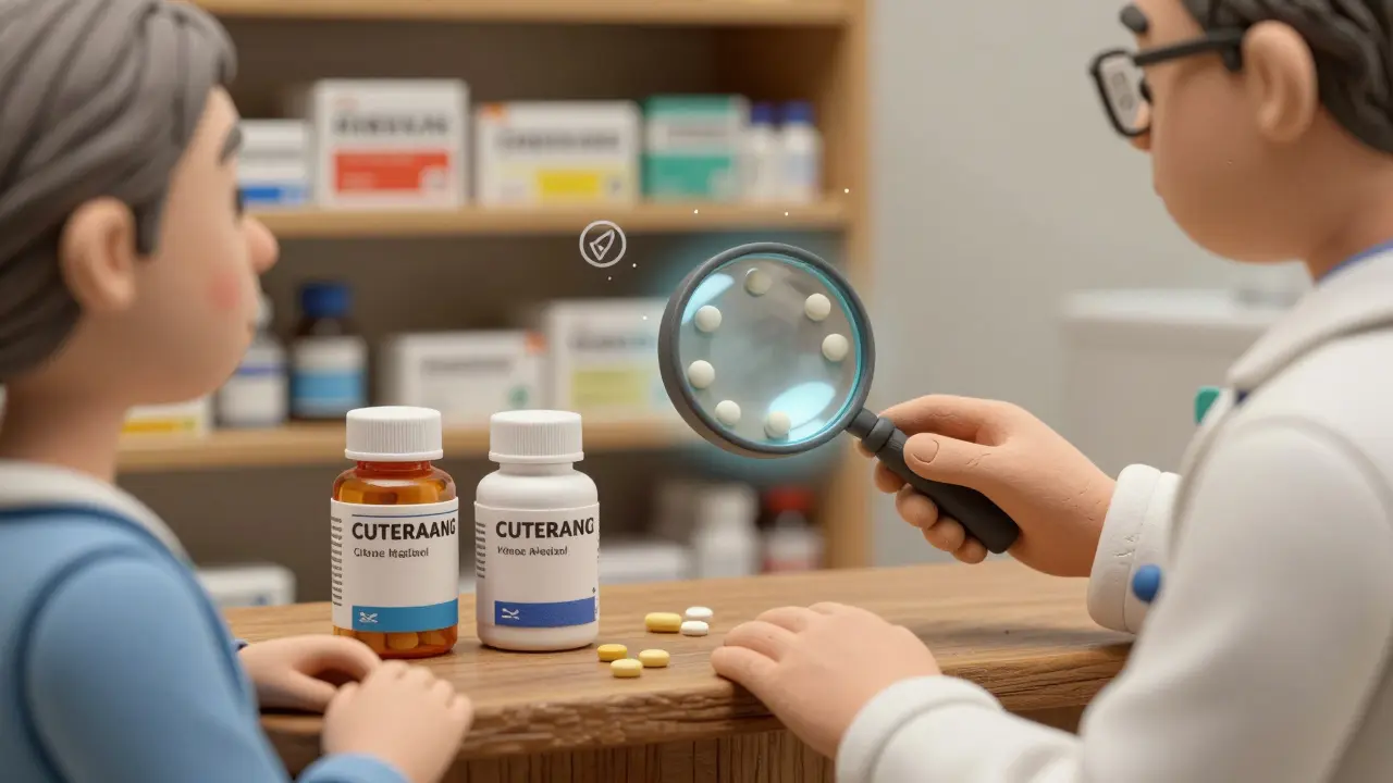 Pharmacist handing a prescription with two pill bottles side by side, one branded and one generic.