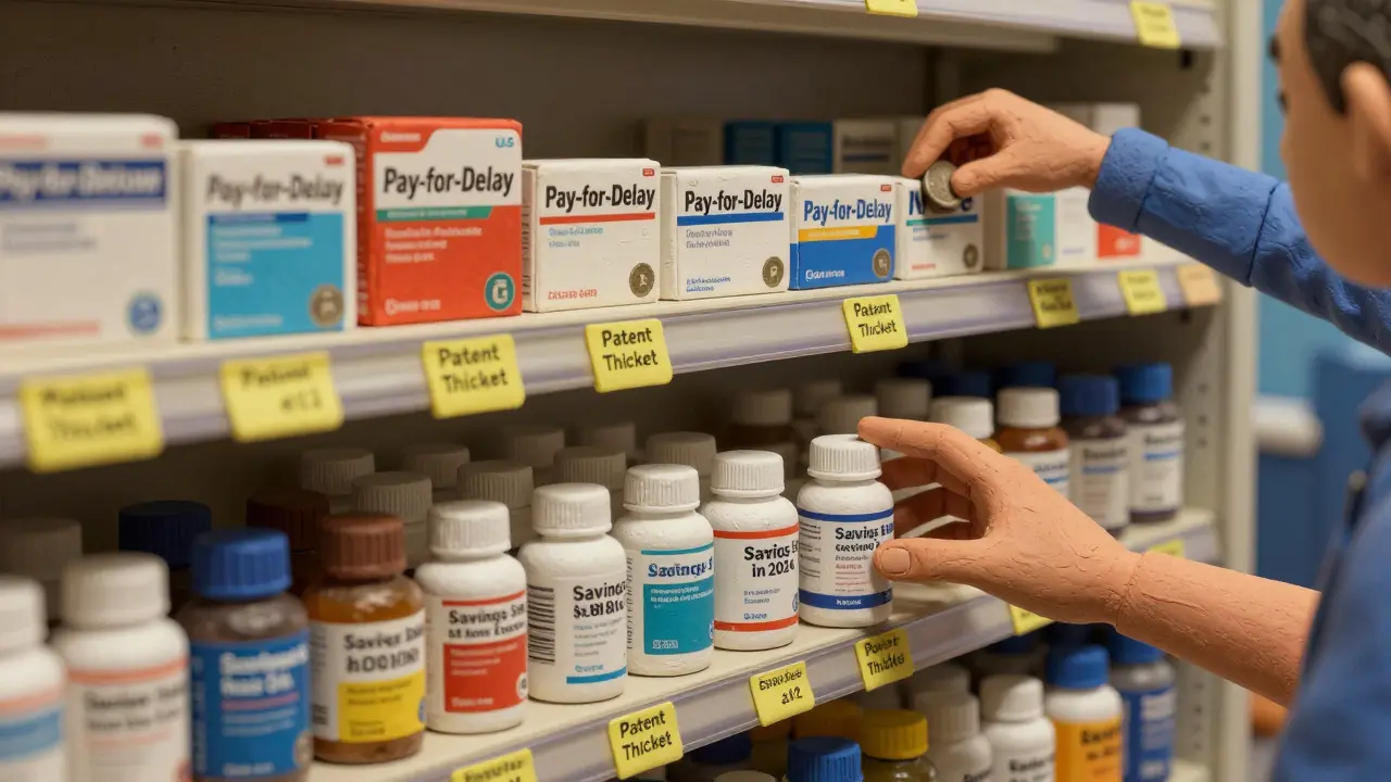 Pharmacy shelf with branded drugs blocked by sticky notes and generic drugs glowing with savings, illuminated by contrasting light.