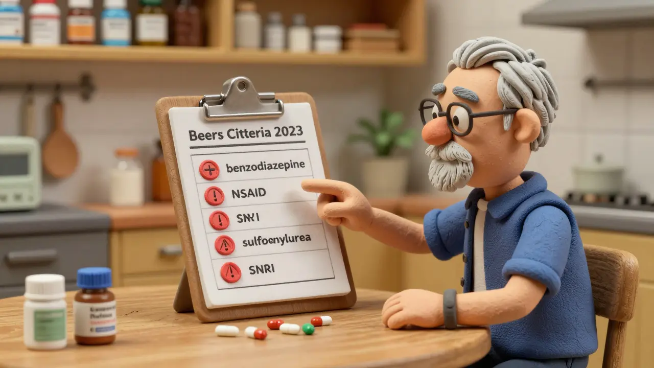 Senior and pharmacist reviewing the Beers Criteria 2023 list of risky medications.