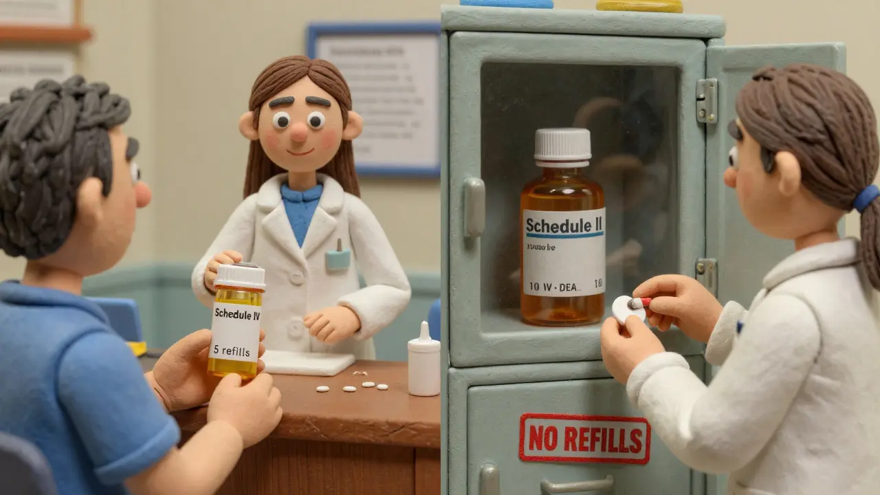 Side-by-side scene of Schedule IV and Schedule II medication storage at a pharmacy.