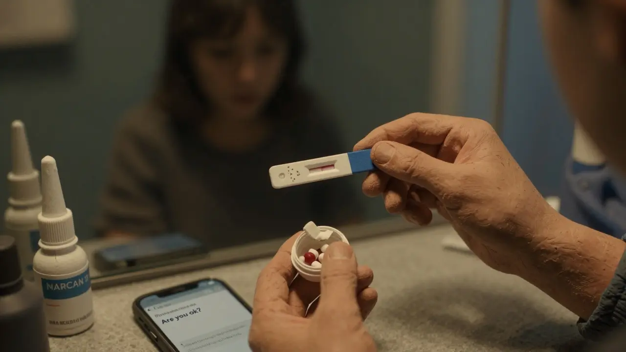 Someone testing a pill with a fentanyl test strip in a bathroom, Narcan bottle and text message visible nearby.