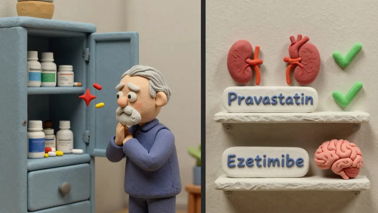 Split-screen: chaotic statin meds vs. calm pravastatin and ezetimibe with safety icons.