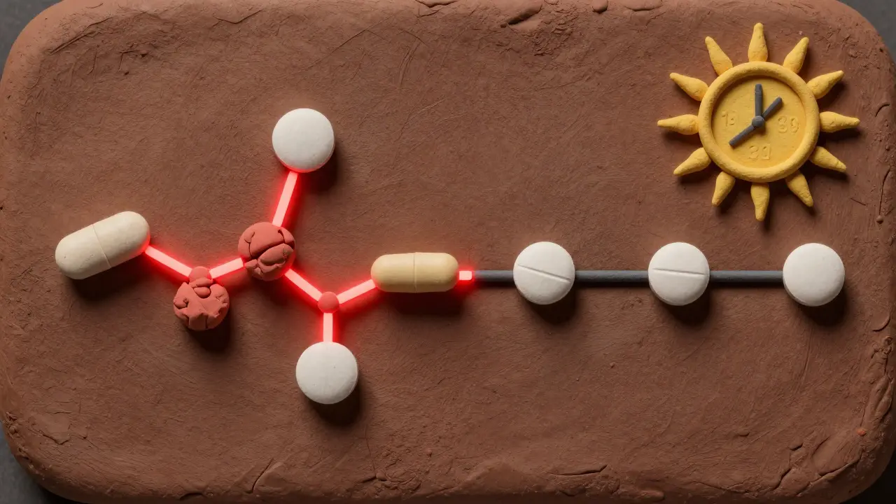 Thyroid pill and calcium tablet chemically bonded versus properly separated on a timeline.